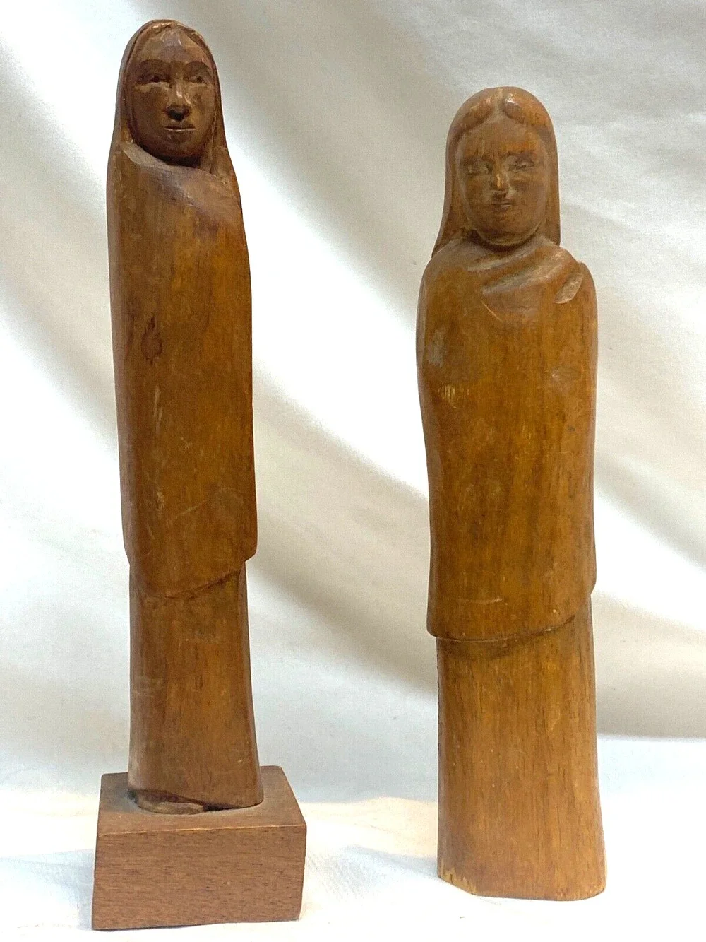 2 Hand Carved Wood Folk Figures Women 1 Signed
